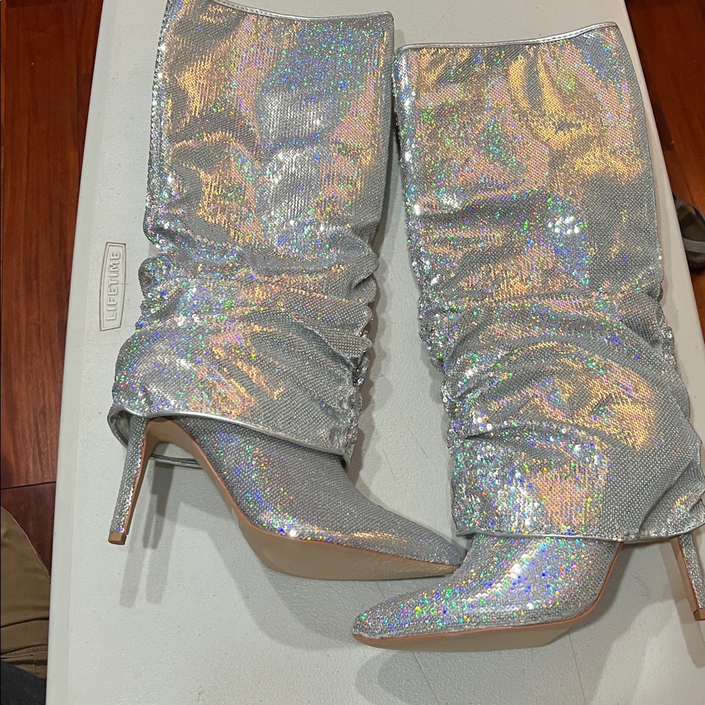 Silver Holographic Ruched Pointed-Toe Stiletto Boot size 7